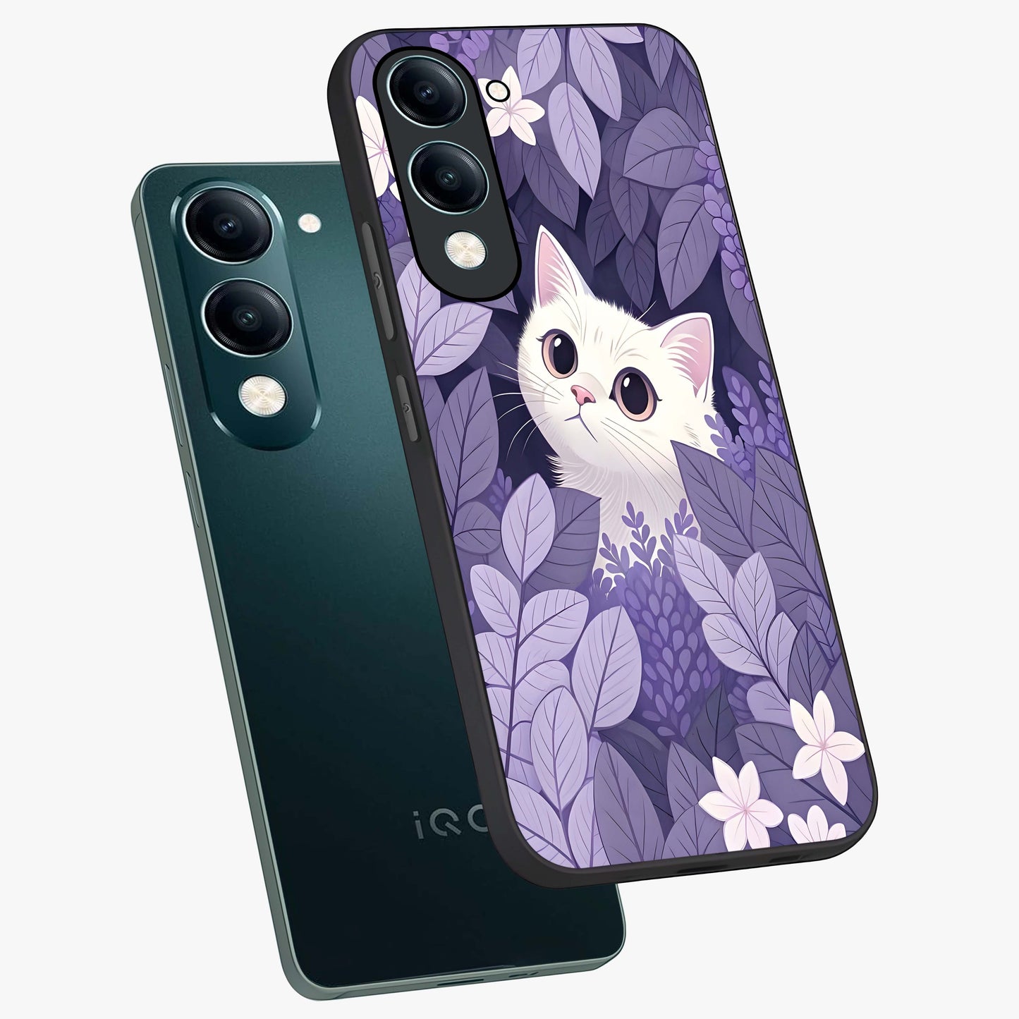 Lilac Hide Peek Cat Glass Case displayed in angled mockup highlighting playful feline illustration with lilac aesthetic design.
