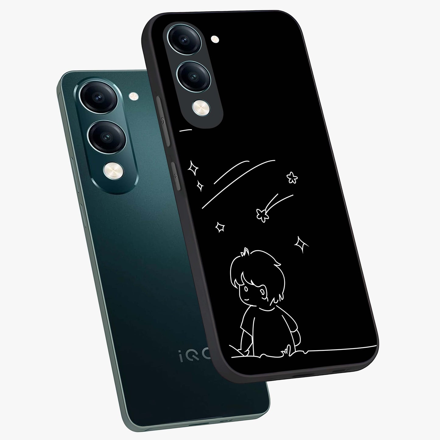 Line Art Boy With Shooting Stars Glass Case displayed in angled mockup highlighting elegant line art design with dreamy star aesthetic.