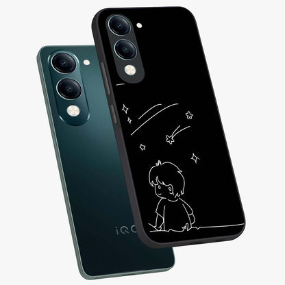 Line Art Boy With Shooting Stars Glass Case displayed in angled mockup highlighting elegant line art design with dreamy star aesthetic.
