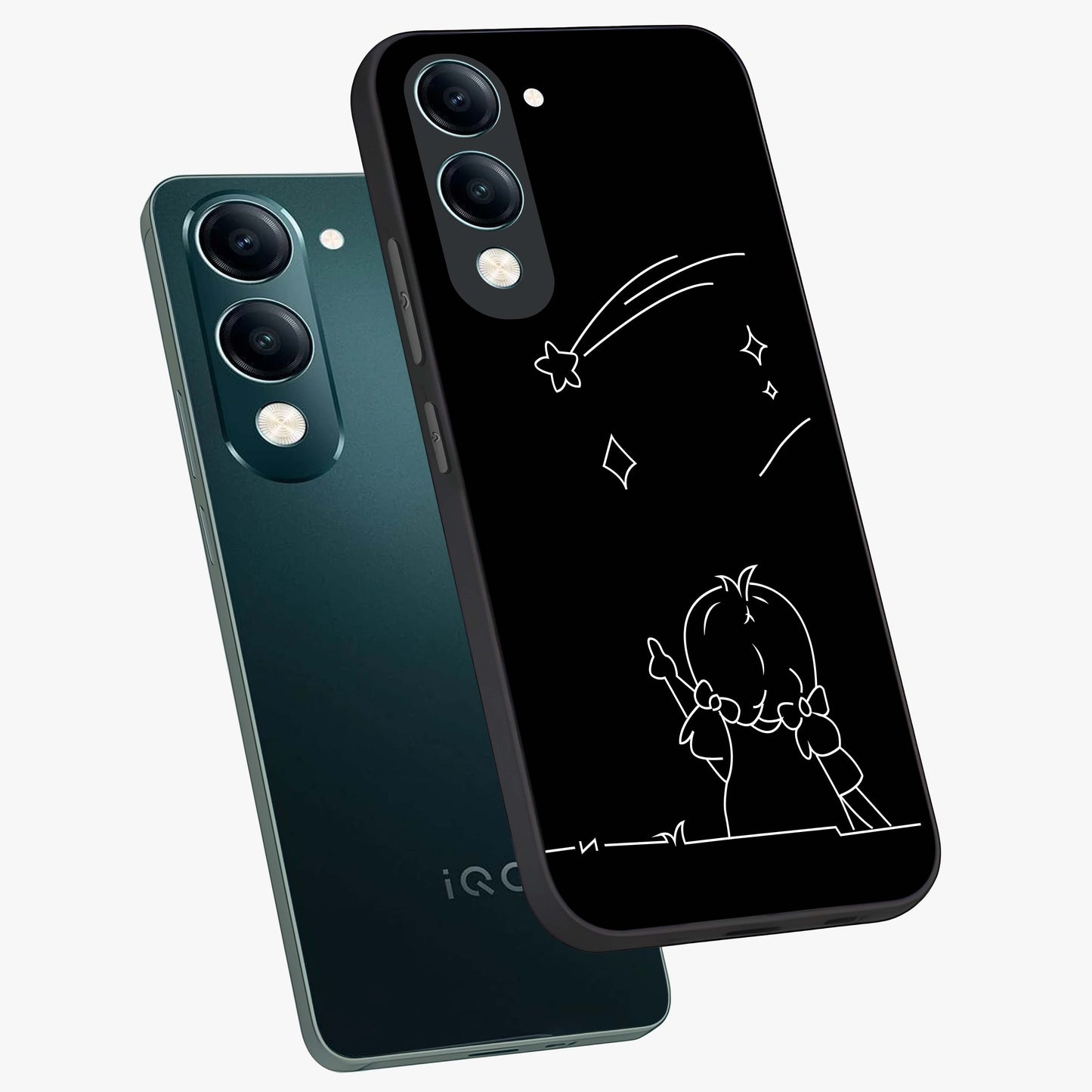 Line Art Girl With Shooting Stars Glass Case displayed in angled mockup highlighting elegant line art design with dreamy star aesthetic.