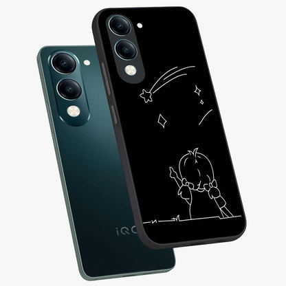 Line Art Girl With Shooting Stars Glass Case displayed in angled mockup highlighting elegant line art design with dreamy star aesthetic.