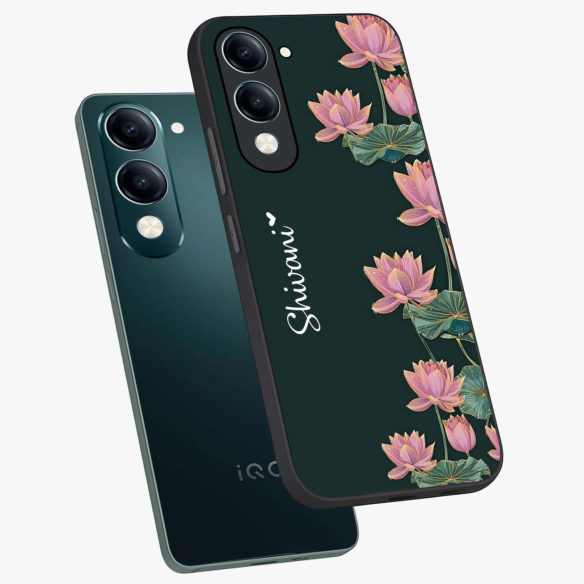 Lotus Bloom Serenity Custom Name Glass Case displayed in angled mockup highlighting graceful lotus illustration with custom name feature.