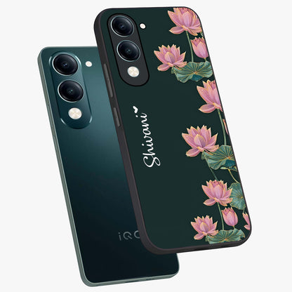 Lotus Bloom Serenity Custom Name Glass Case displayed in angled mockup highlighting graceful lotus illustration with custom name feature.