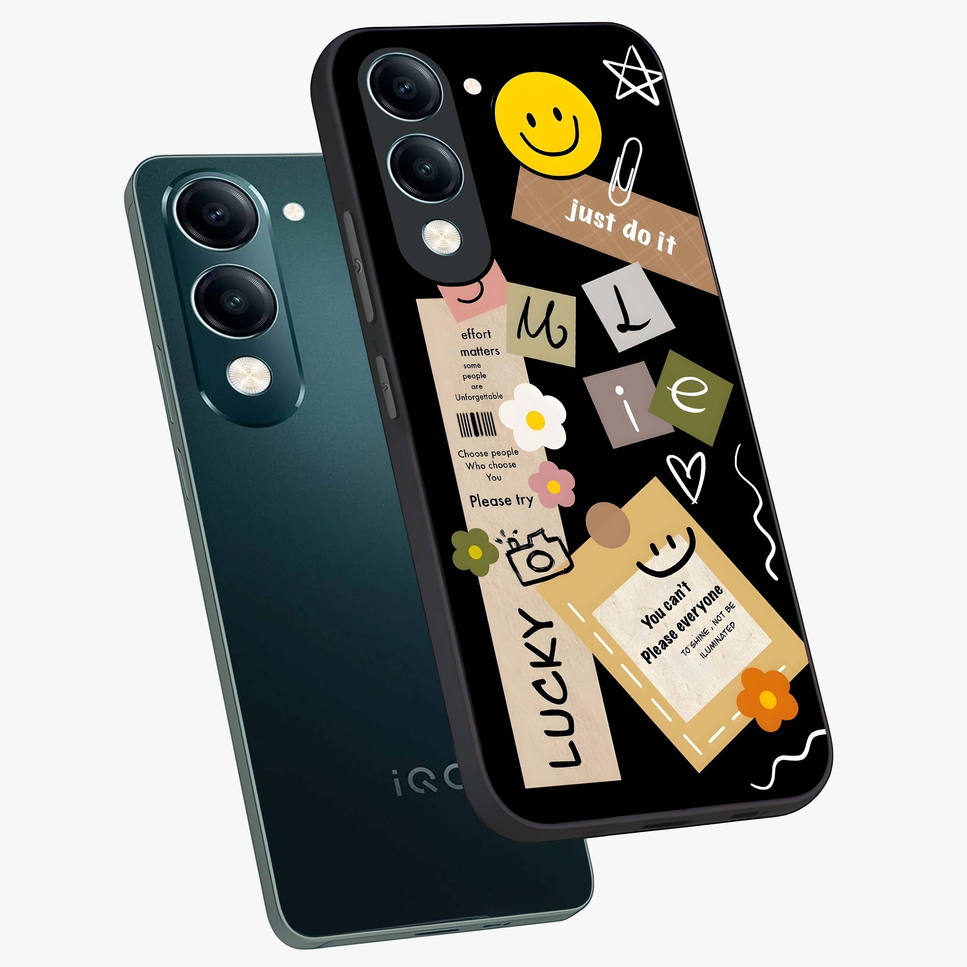Lucky Aesthetic Collage Glass Case displayed in angled mockup highlighting stylish collage pattern with modern aesthetic vibe.