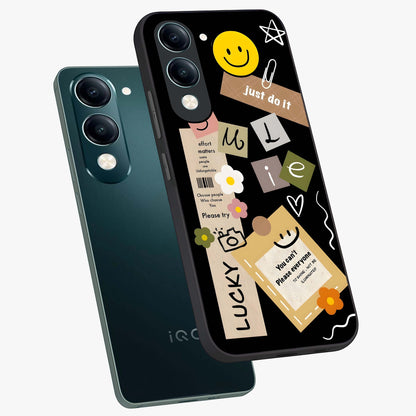 Lucky Aesthetic Collage Glass Case displayed in angled mockup highlighting stylish collage pattern with modern aesthetic vibe.