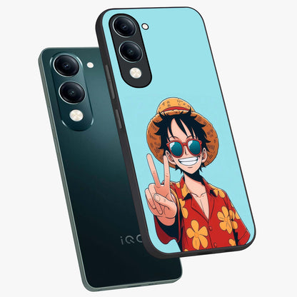 Luffy Summer Anime Vibe Glass Case displayed in angled mockup highlighting energetic anime illustration with summer vibe aesthetic.