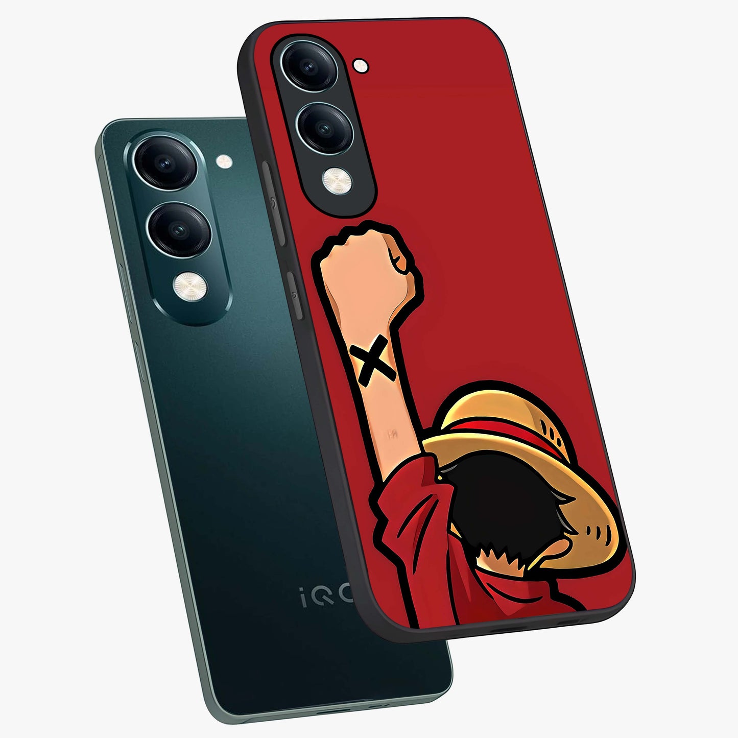 Luffy X Spirit Glass Case displayed in angled mockup highlighting powerful anime design with energetic action aesthetic.