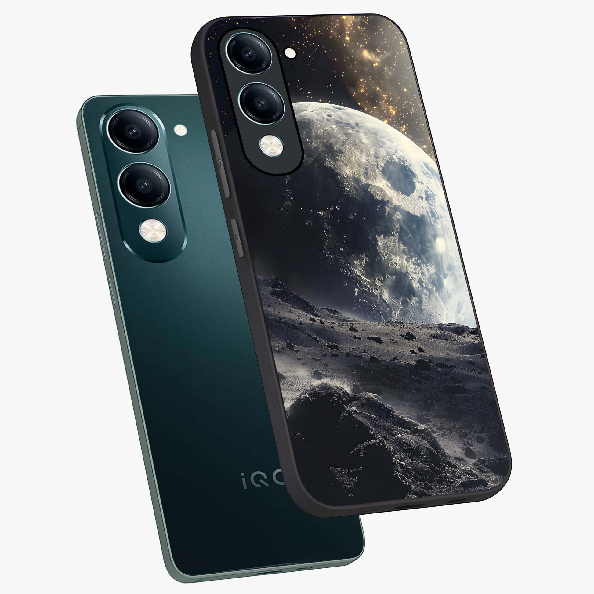 Lunar Horizon Glow Glass Case displayed in angled mockup highlighting celestial moon design with dreamy night aesthetic.