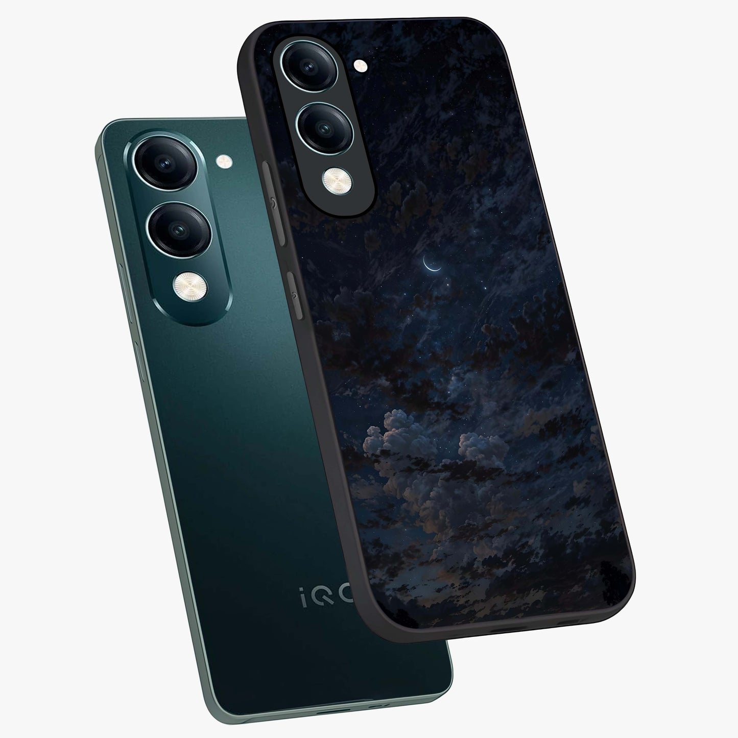 Lunar Veil Silence Glass Case displayed in angled mockup highlighting soft lunar design with peaceful celestial aesthetic.