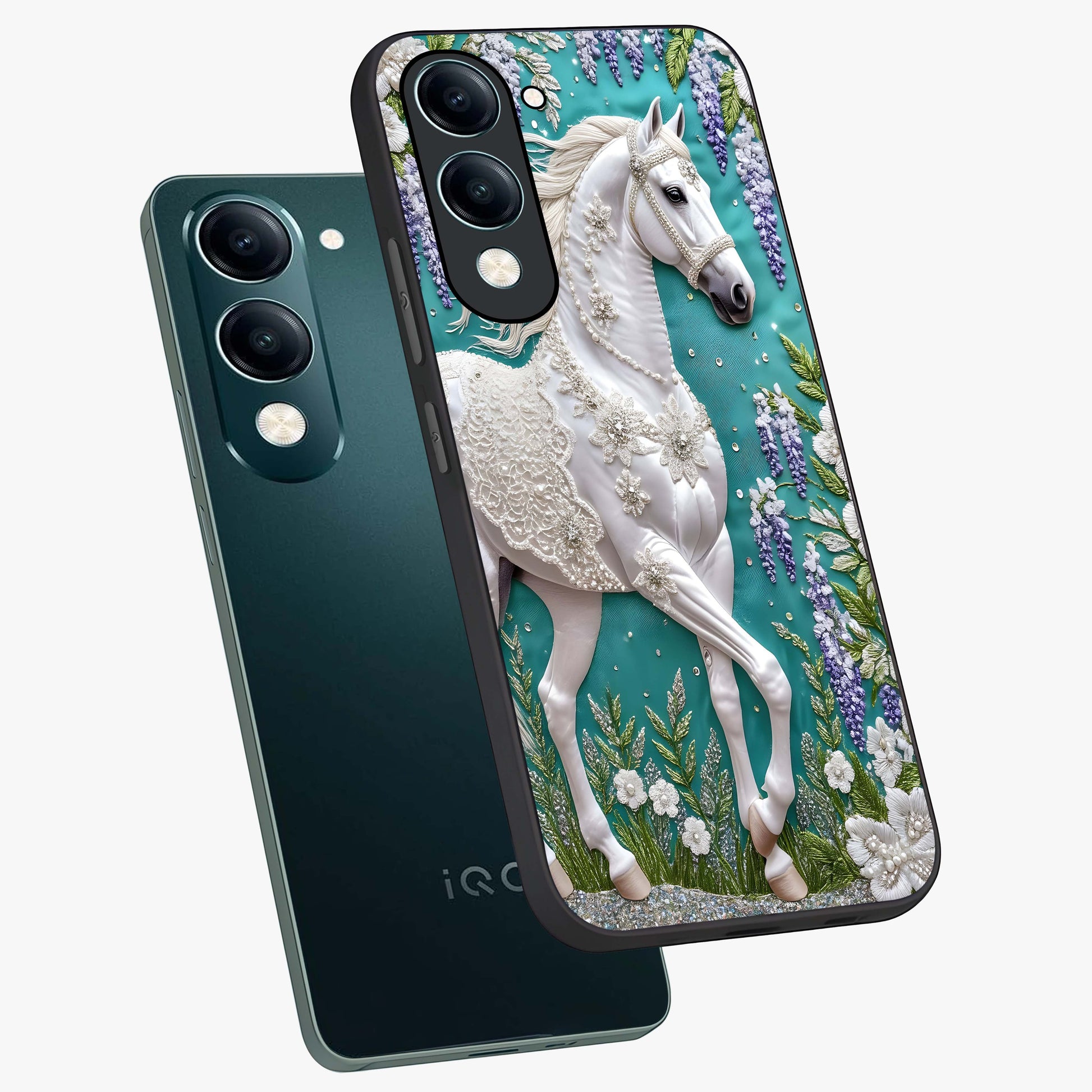 Majestic Floral Stallion Glass Case displayed in angled mockup highlighting majestic stallion illustration with elegant floral aesthetic.