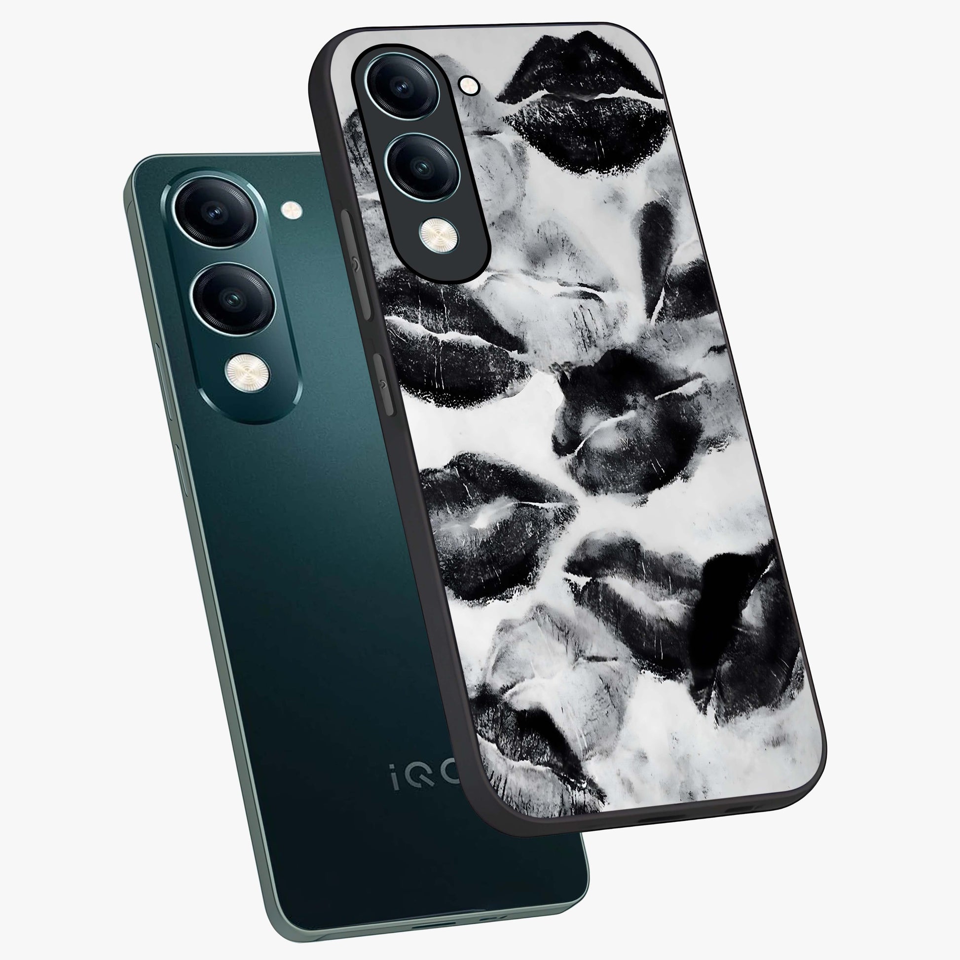 Midnight Kiss Marks Glass Case displayed in angled mockup highlighting playful romantic design with bold midnight aesthetic.