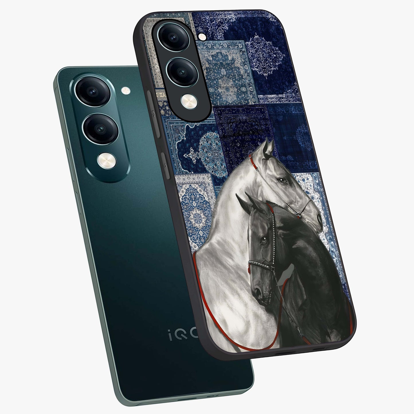 Midnight Stallion Blues Glass Case displayed in angled mockup highlighting powerful stallion illustration with deep midnight tones.