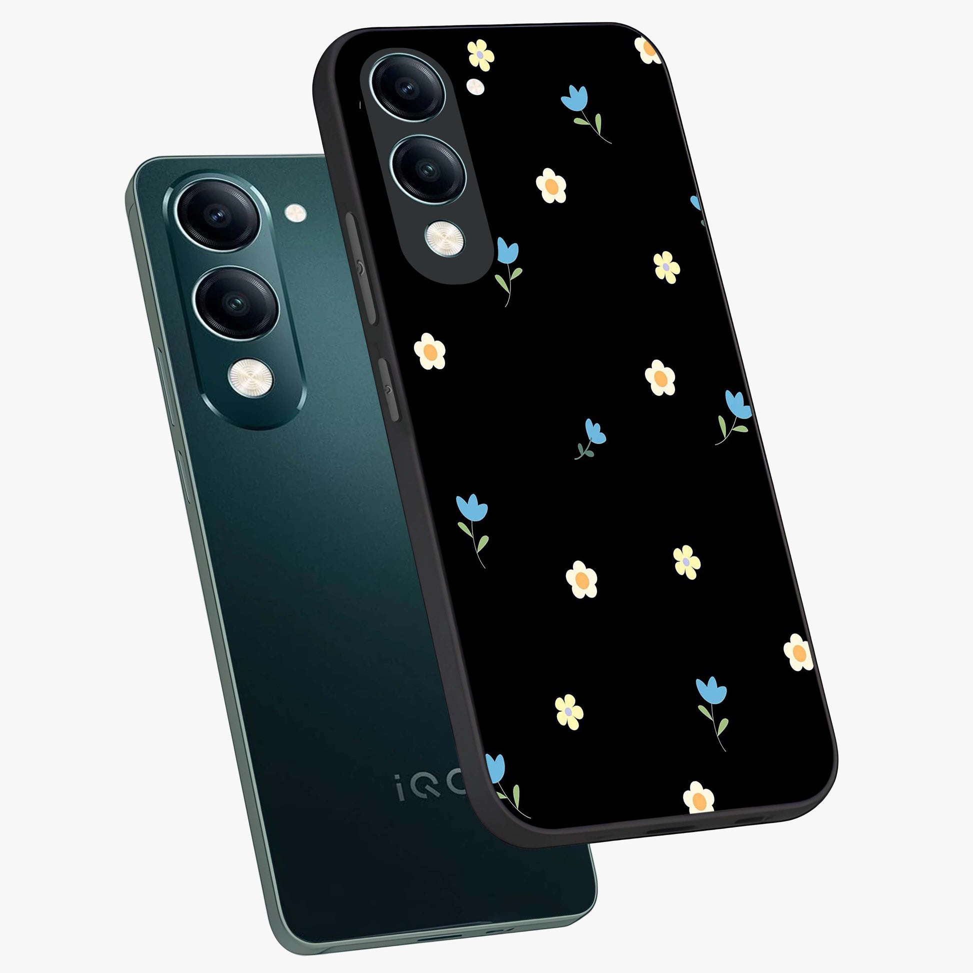 Minimal Petal Whispers Glass Case displayed in angled mockup highlighting delicate petal design with clean minimal aesthetic.
