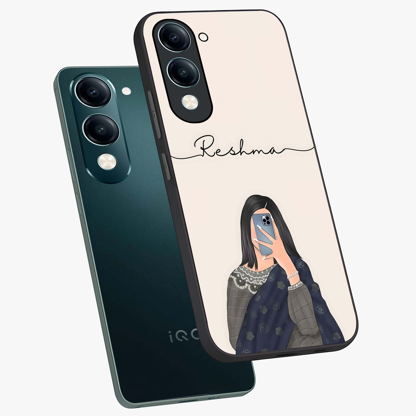 Mirror Mood Muse With Custom Name Glass Case displayed in angled mockup highlighting aesthetic mirror inspired design with custom name feature.
