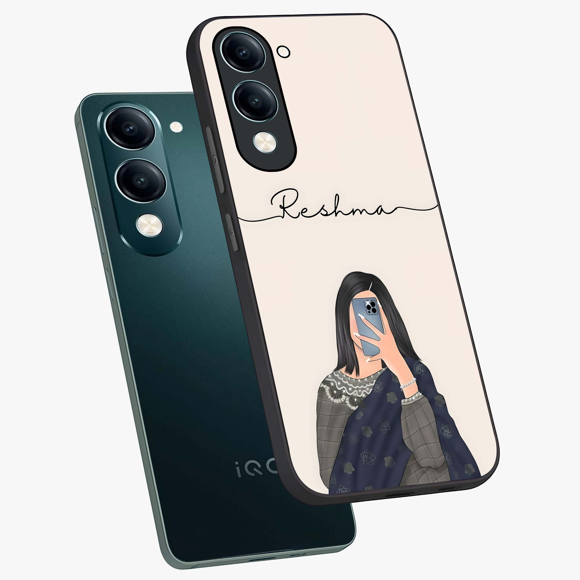 Mirror Mood Muse With Custom Name Glass Case displayed in angled mockup highlighting aesthetic mirror inspired design with custom name feature.
