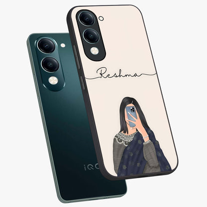 Mirror Mood Muse With Custom Name Glass Case displayed in angled mockup highlighting aesthetic mirror inspired design with custom name feature.
