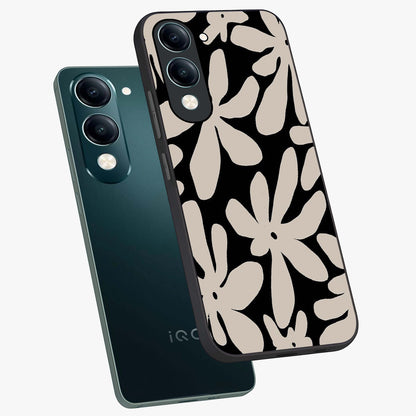 Monochrome Petal Dance Glass Case displayed in angled mockup highlighting elegant petal design with black and white aesthetic.