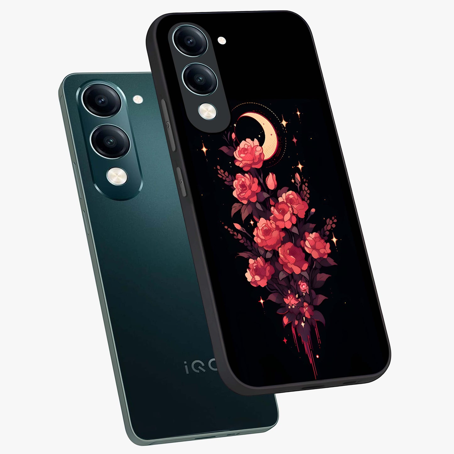 Moonlit Floral Elegance Glass Case displayed in angled mockup highlighting graceful flower design with soft moonlight aesthetic.