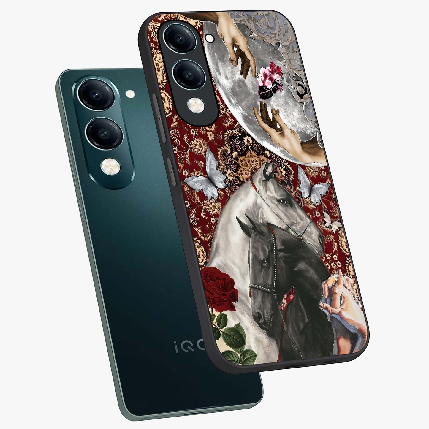 Moonlit Royal Stallion Glass Case displayed in angled mockup highlighting powerful stallion illustration with royal night aesthetic.