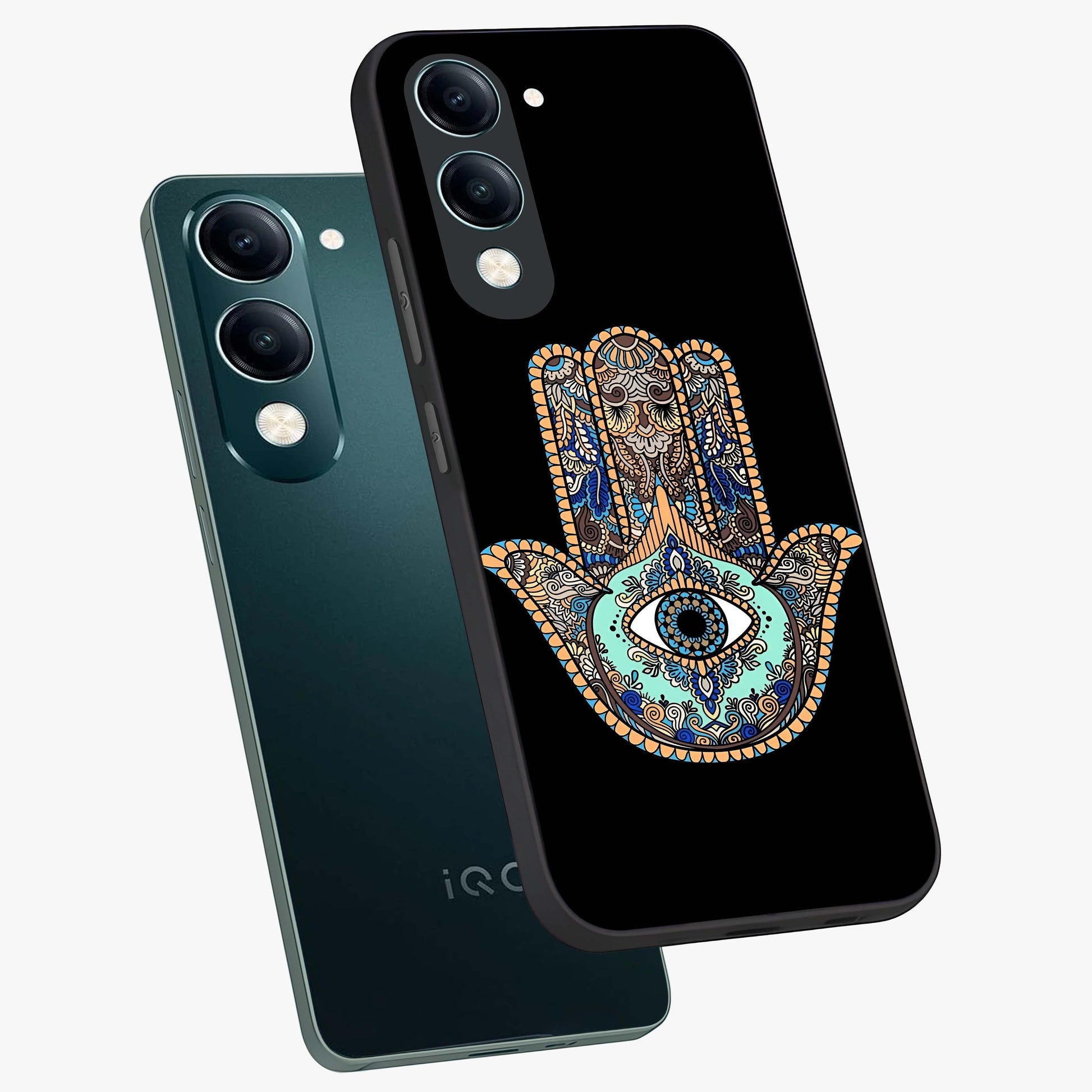 Mystic Hamsa Eye Glass Case displayed in angled mockup highlighting spiritual hamsa symbol with mystical aesthetic style.