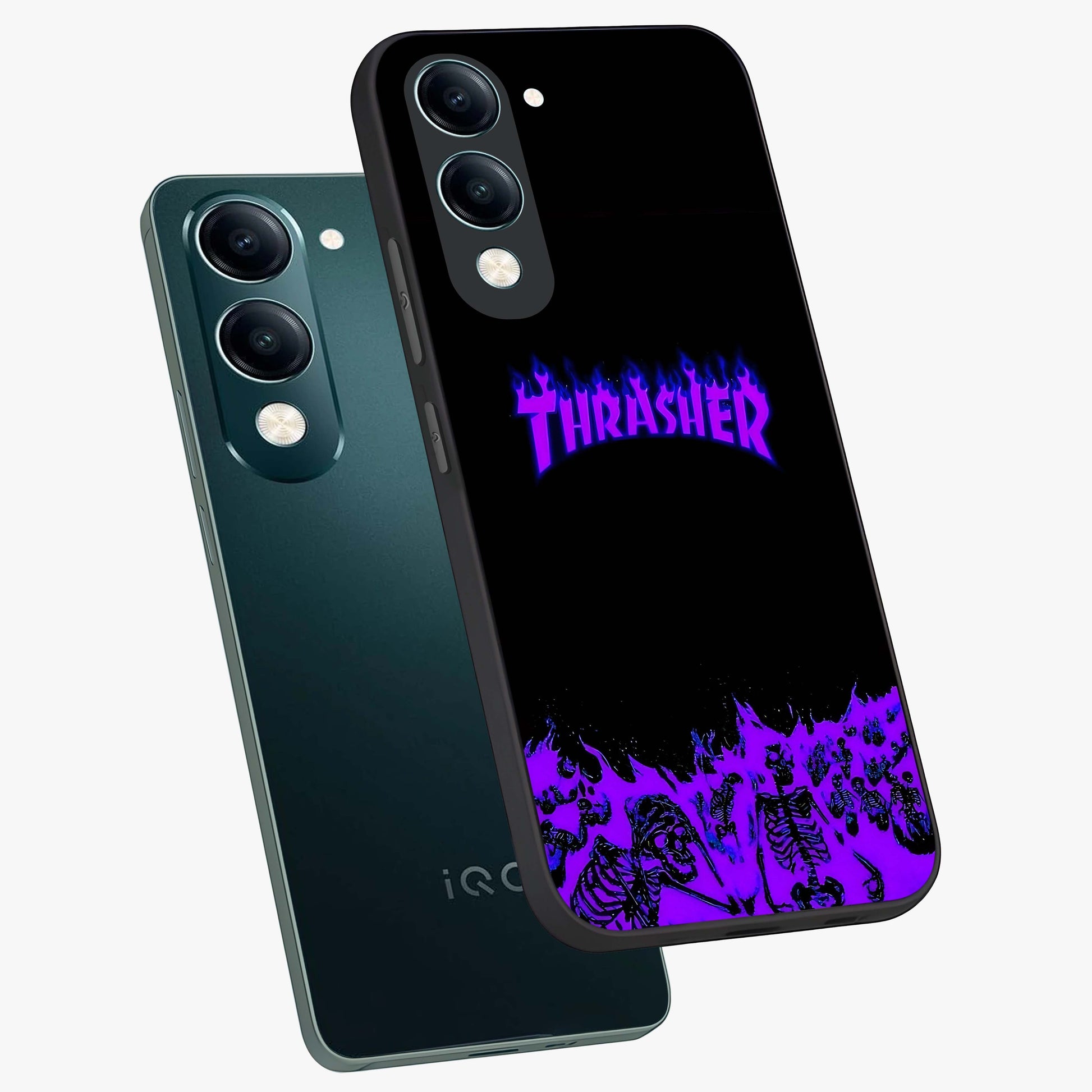 Neon Flame Riot Glass Case displayed in angled mockup highlighting glowing flame design with vibrant neon aesthetic.