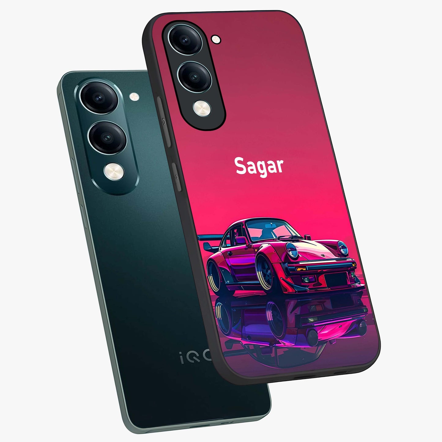 Neon Pink Porsche Glass Case displayed in angled mockup highlighting sleek neon pink car design with racing aesthetic.