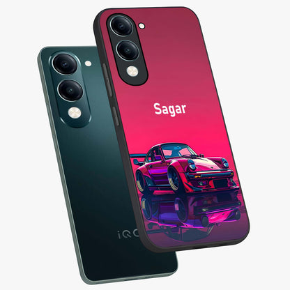 Neon Pink Porsche Glass Case displayed in angled mockup highlighting sleek neon pink car design with racing aesthetic.