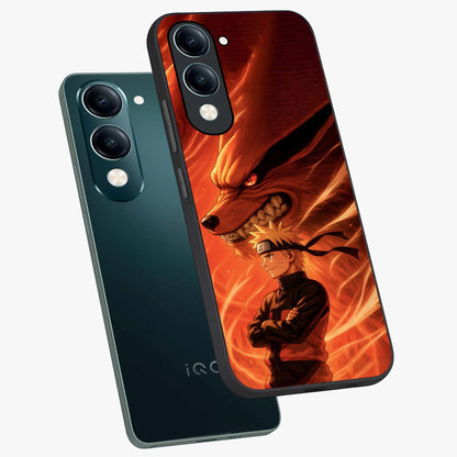Nine Tails Legacy Glass Case displayed in angled mockup highlighting dynamic anime beast illustration with bold mystical aesthetic.