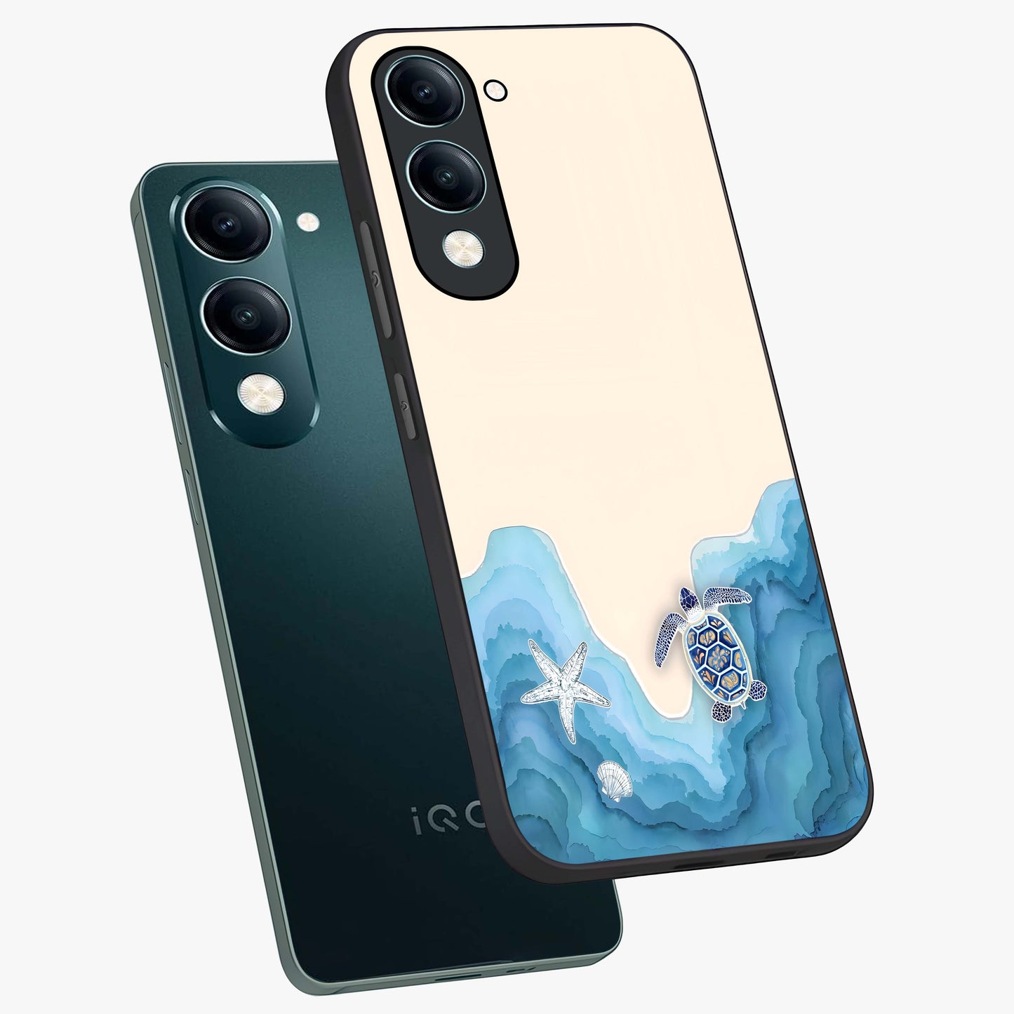 Ocean Drift Turtle Glass Case displayed in angled mockup highlighting peaceful ocean turtle illustration with marine aesthetic.