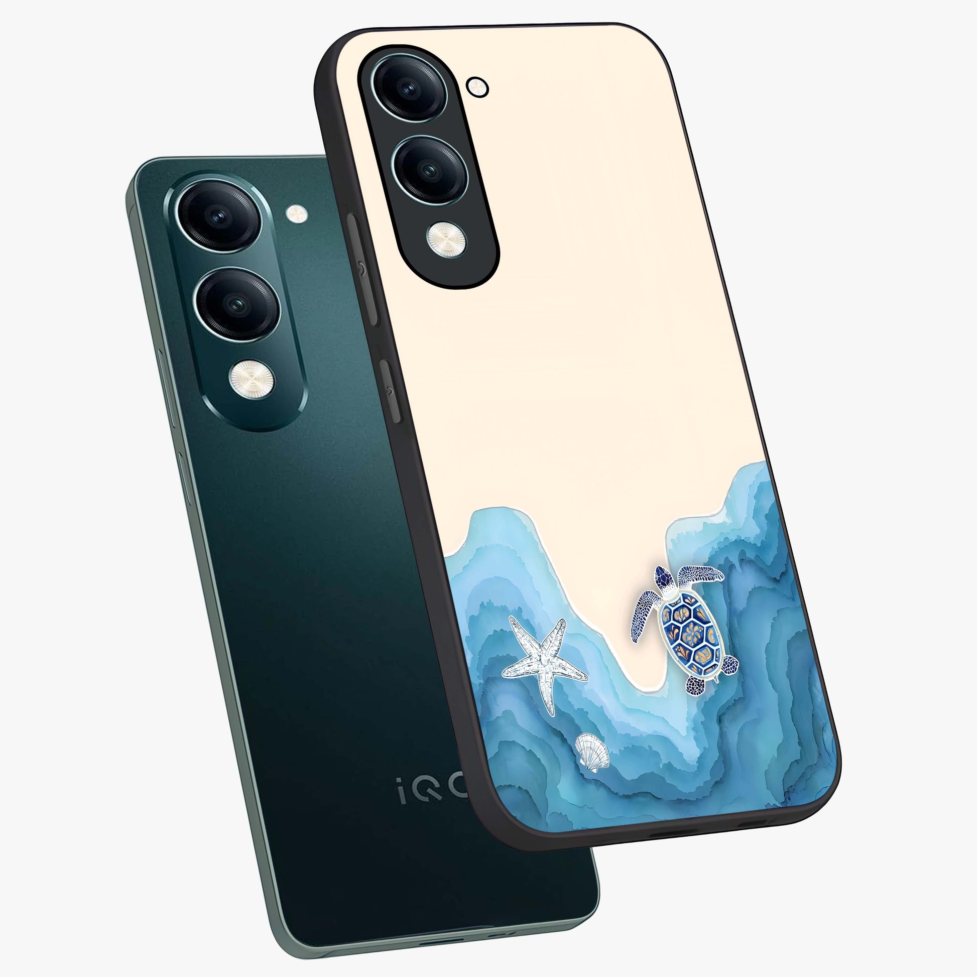 Ocean Drift Turtle Glass Case displayed in angled mockup highlighting peaceful ocean turtle illustration with marine aesthetic.