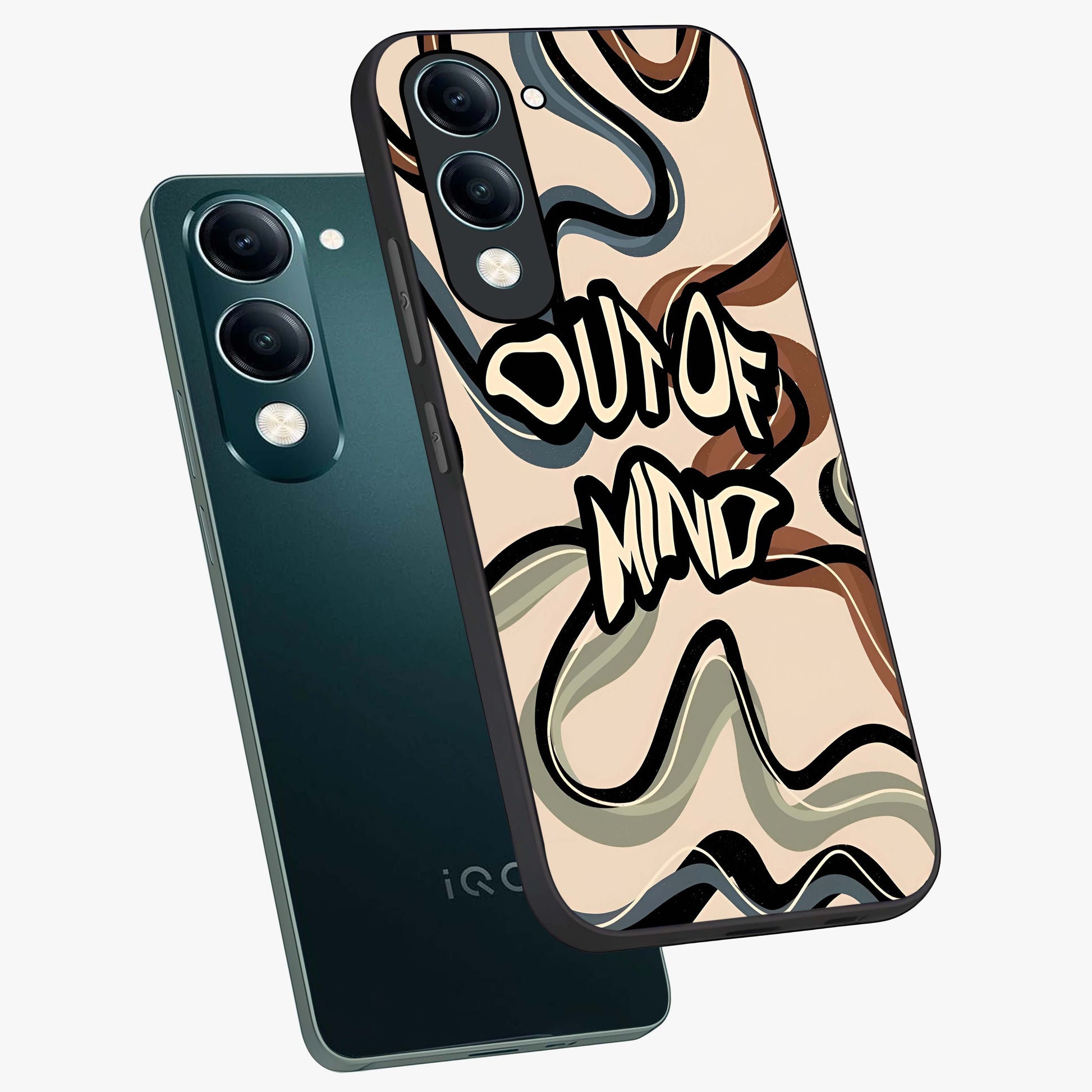 Out Of Mind Glass Case displayed in angled mockup highlighting bold statement design with modern artistic aesthetic.