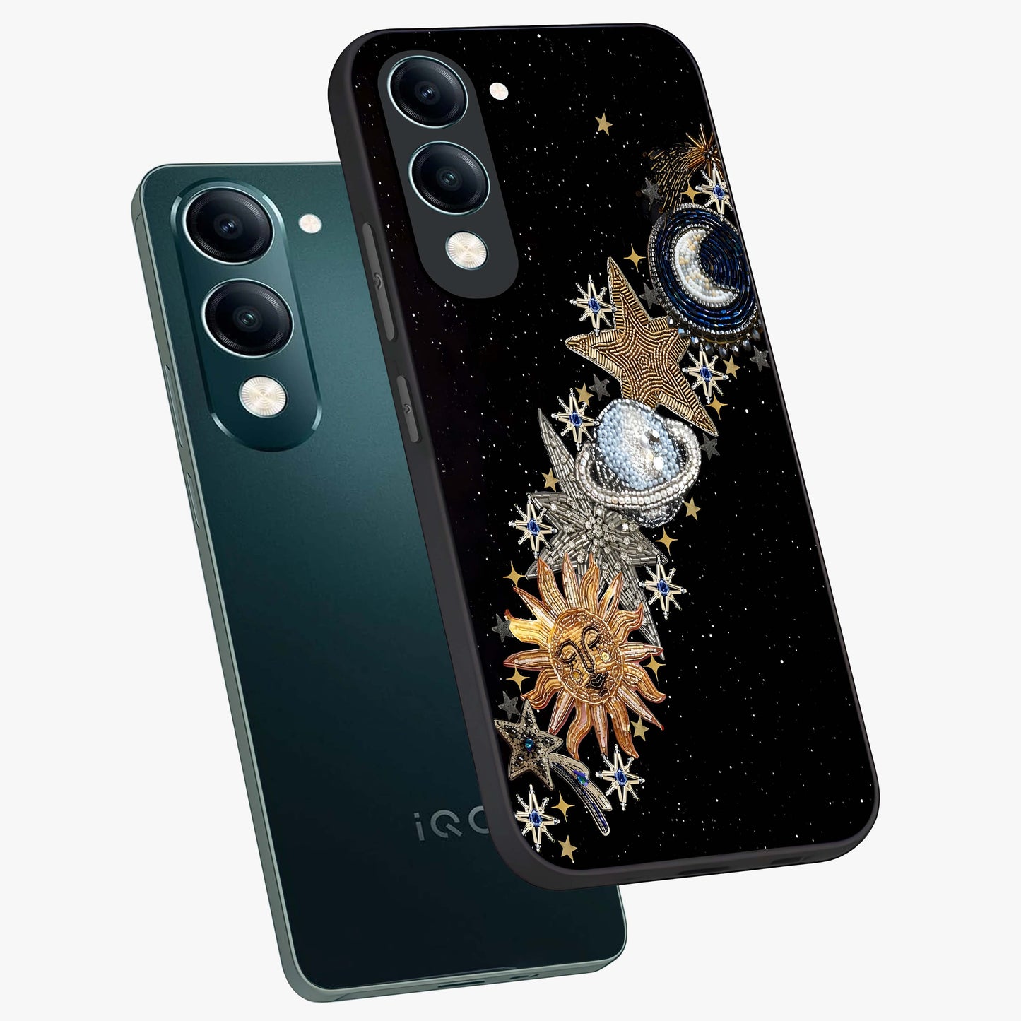 Pearls Universe Object Glass Case displayed in angled mockup highlighting celestial pearl design with dreamy aesthetic.