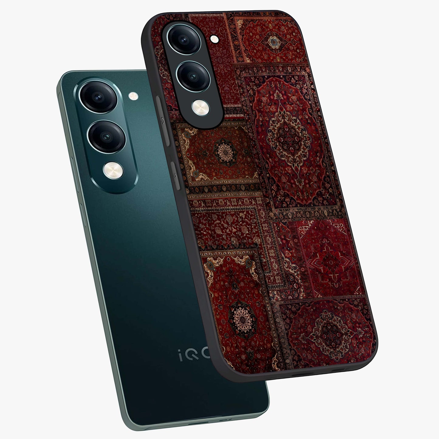Persian Velvet Tale Glass Case displayed in angled mockup highlighting ornate textile inspired design with royal aesthetic.