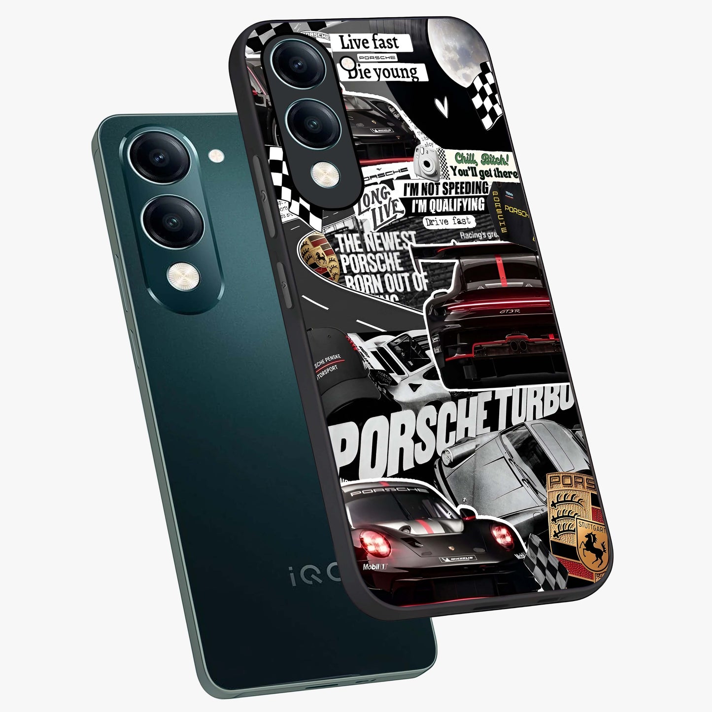 Porsche Racing Collage Glass Case displayed in angled mockup highlighting dynamic automotive design with bold racing aesthetic.