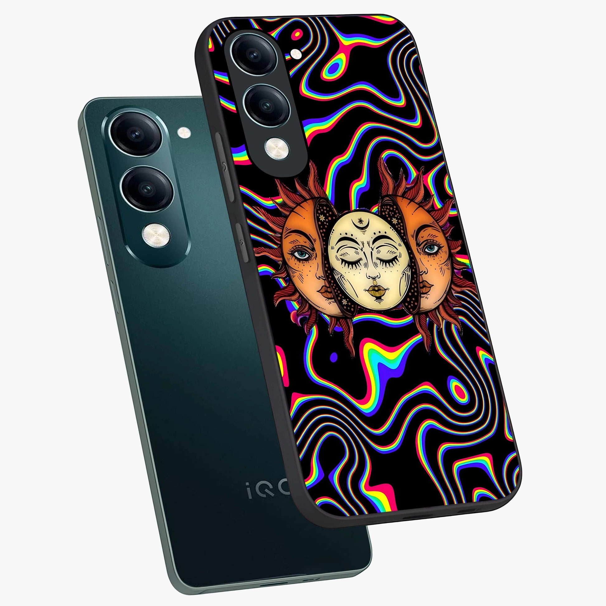 Psychedelic Sun Glass Case displayed in angled mockup highlighting vibrant abstract sun design with artistic aesthetic style.