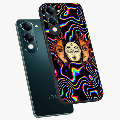 Psychedelic Sun Glass Case displayed in angled mockup highlighting vibrant abstract sun design with artistic aesthetic style.