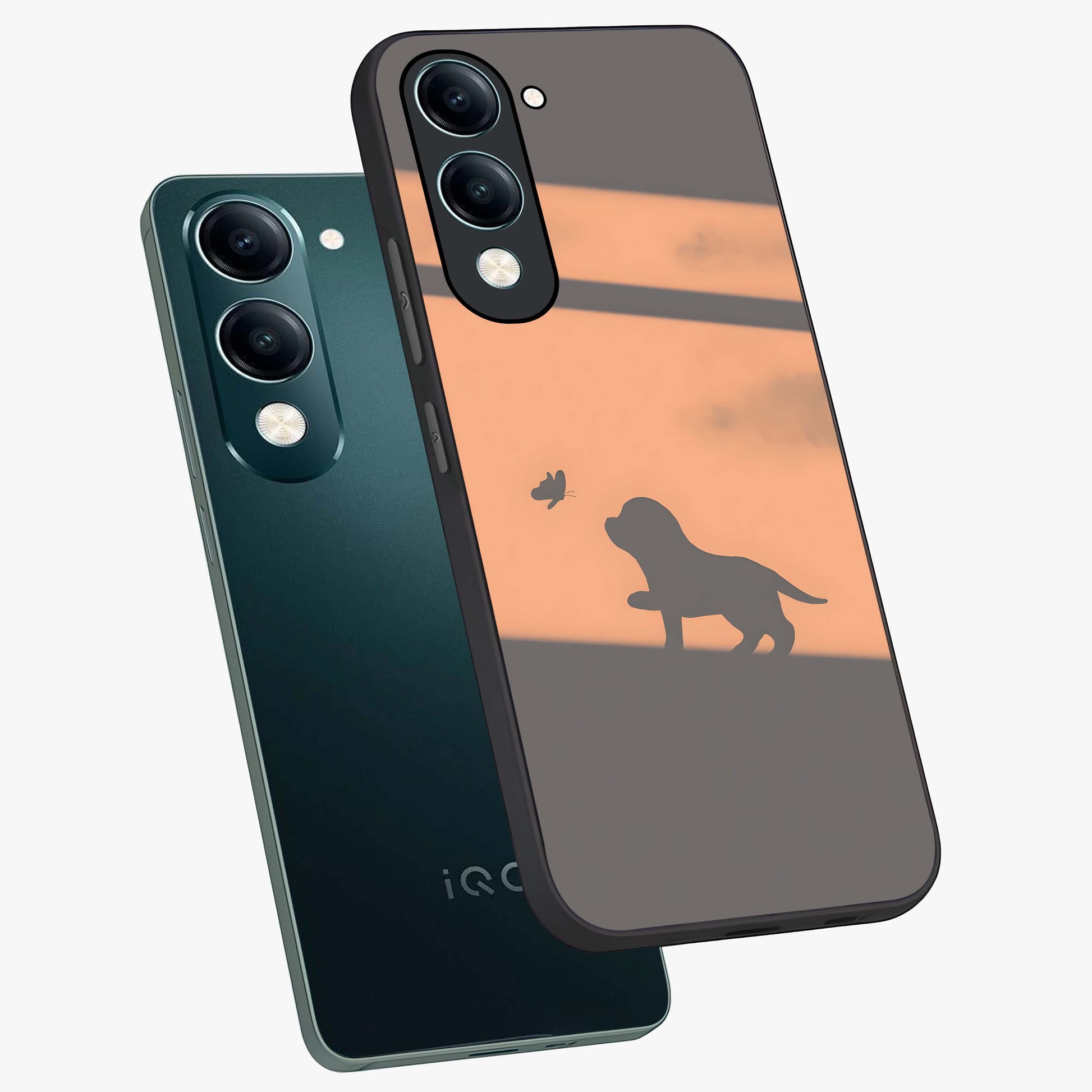 Puppy Shadow Art Glass Case displayed in angled mockup highlighting playful dog illustration with artistic shadow aesthetic.