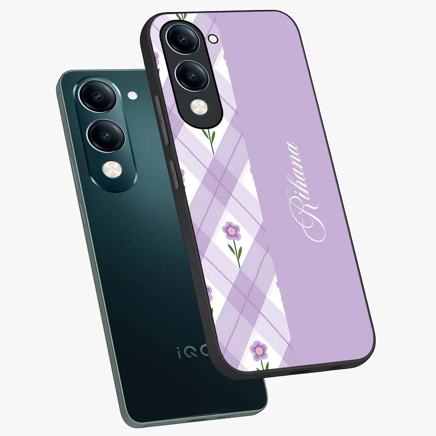 Purple Diamond Floral Glass Case displayed in angled mockup highlighting elegant purple flower design with decorative pattern.