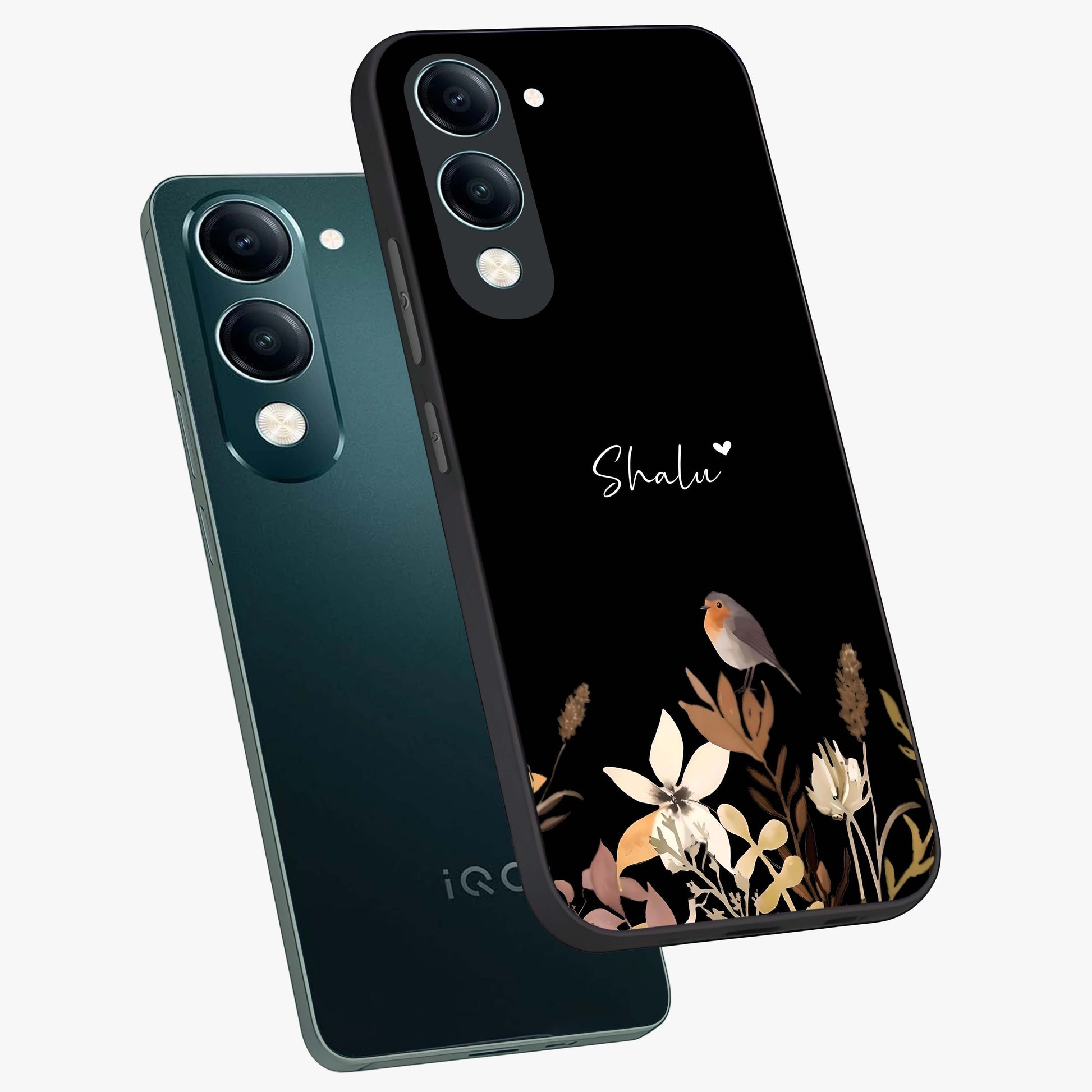 Quiet Garden Tune Custom Name Glass Case displayed in angled mockup highlighting delicate floral garden design with custom name feature.