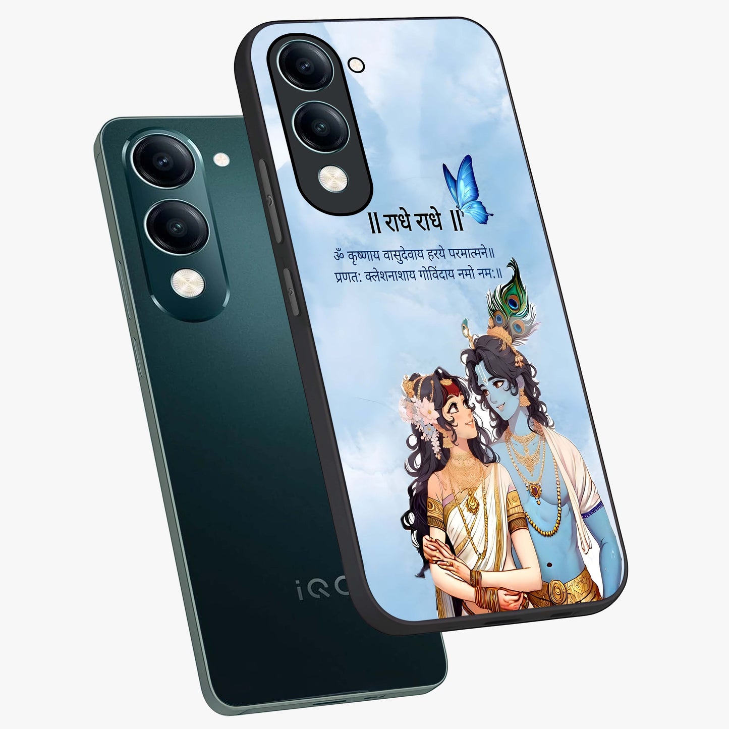 Radha Krishna Eternal Glass Case displayed in angled mockup highlighting divine Radha Krishna illustration with spiritual aesthetic.