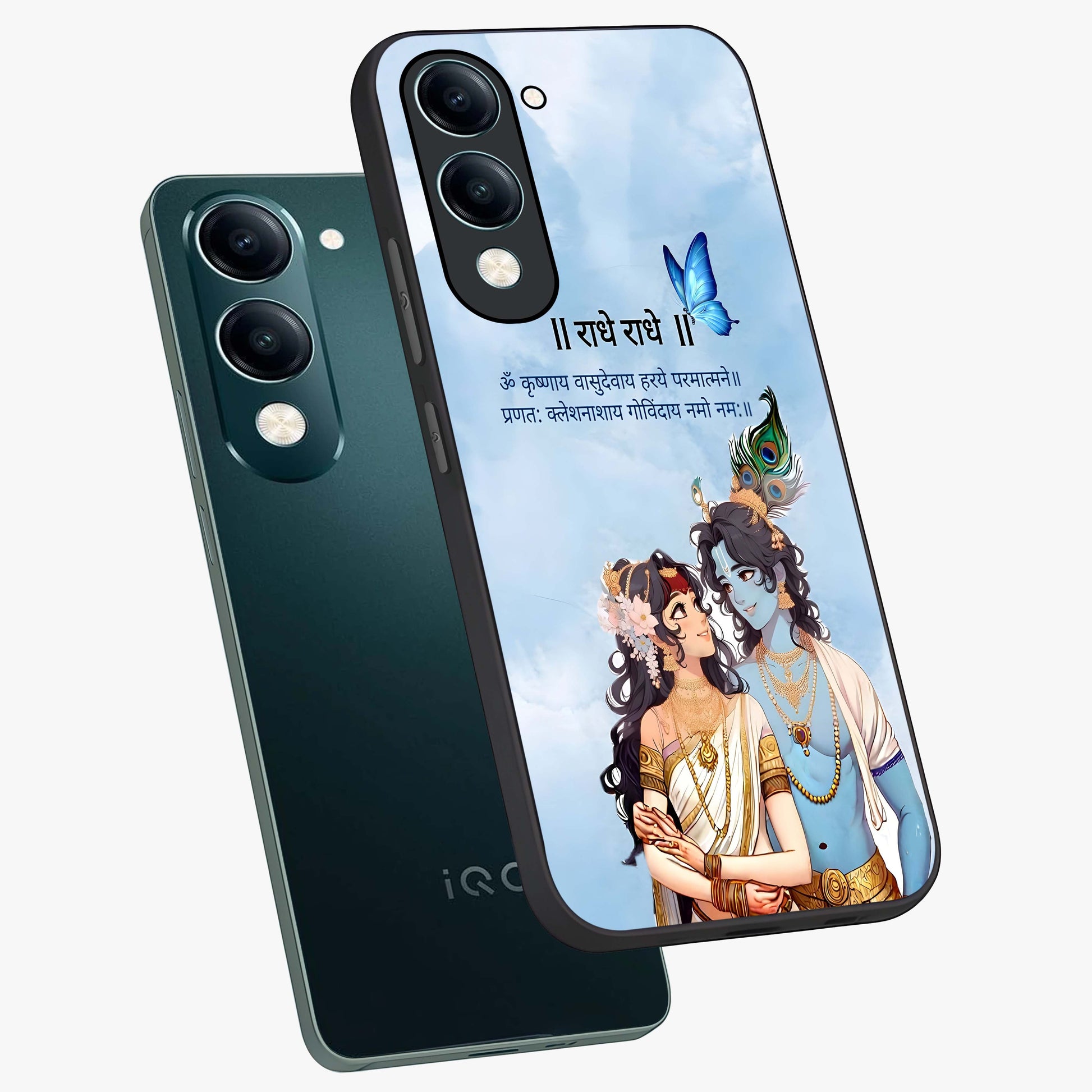 Radha Krishna Eternal Glass Case displayed in angled mockup highlighting divine Radha Krishna illustration with spiritual aesthetic.