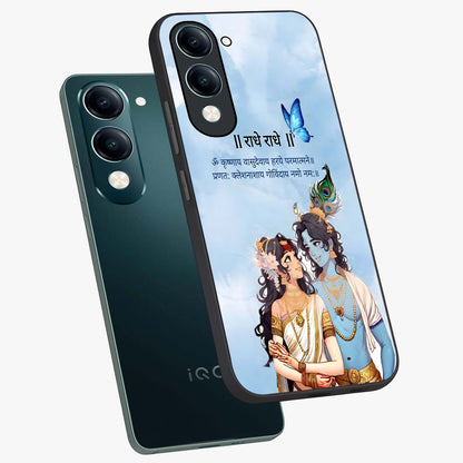 Radha Krishna Eternal Glass Case displayed in angled mockup highlighting divine Radha Krishna illustration with spiritual aesthetic.