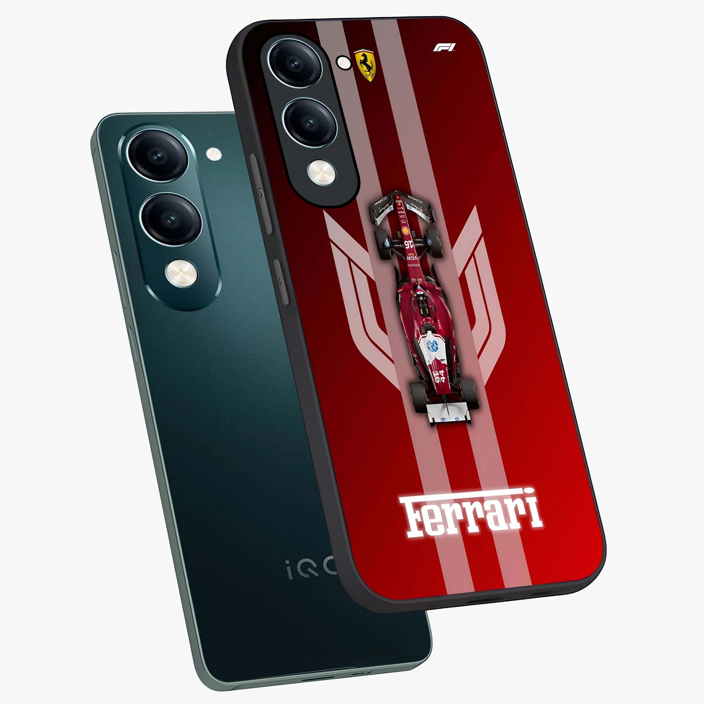 Red Ferrari F1 Vertical Glass Case displayed in angled mockup highlighting high speed racing design with bold automotive aesthetic.