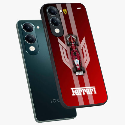 Red Ferrari F1 Vertical Glass Case displayed in angled mockup highlighting high speed racing design with bold automotive aesthetic.