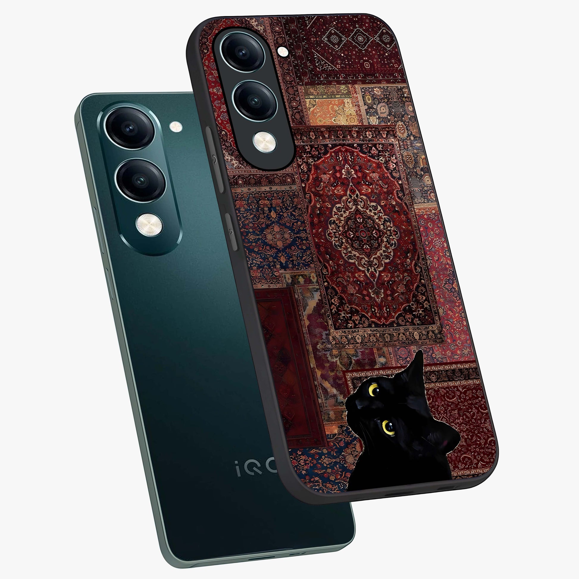 Regal Magic Cat Apple Glass Case displayed in angled mockup highlighting whimsical feline design with fantasy aesthetic.