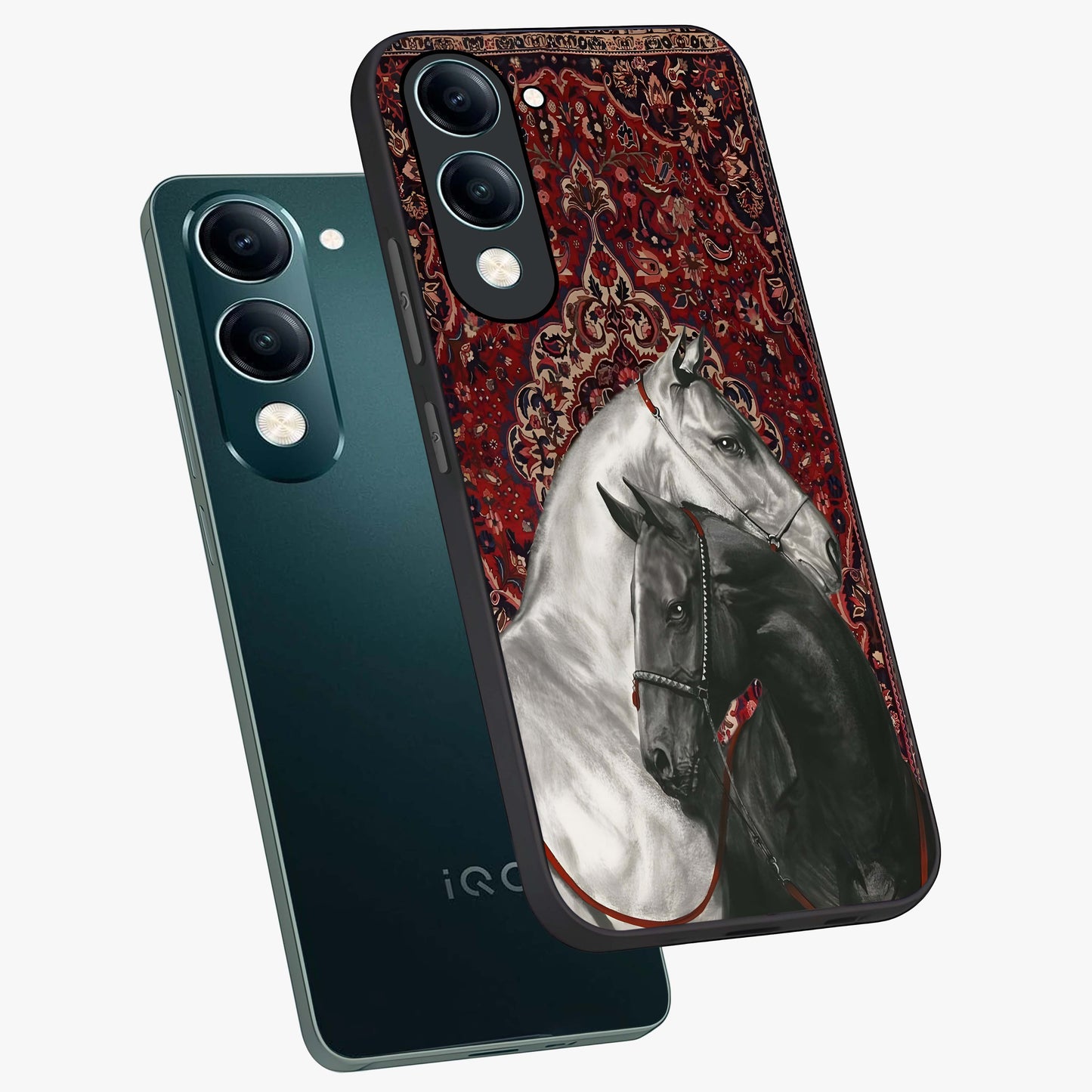Regal Stallion Tapestry Glass Case displayed in angled mockup highlighting royal stallion design with decorative heritage aesthetic.
