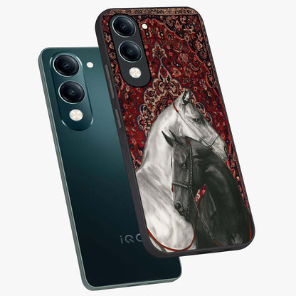 Regal Stallion Tapestry Glass Case displayed in angled mockup highlighting royal stallion design with decorative heritage aesthetic.