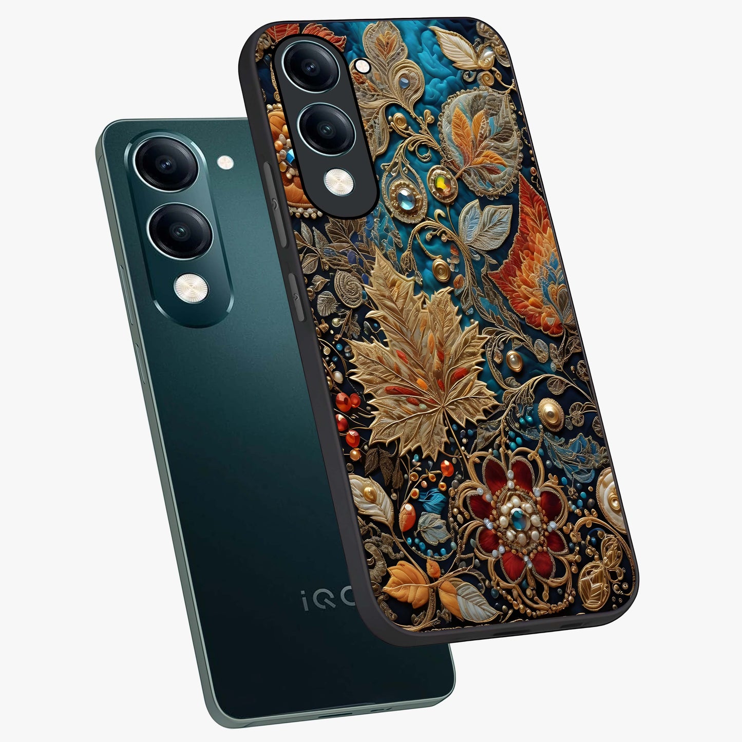 Royal Jewel Garden Glass Case displayed in angled mockup highlighting vibrant jewel inspired floral design with elegant aesthetic.