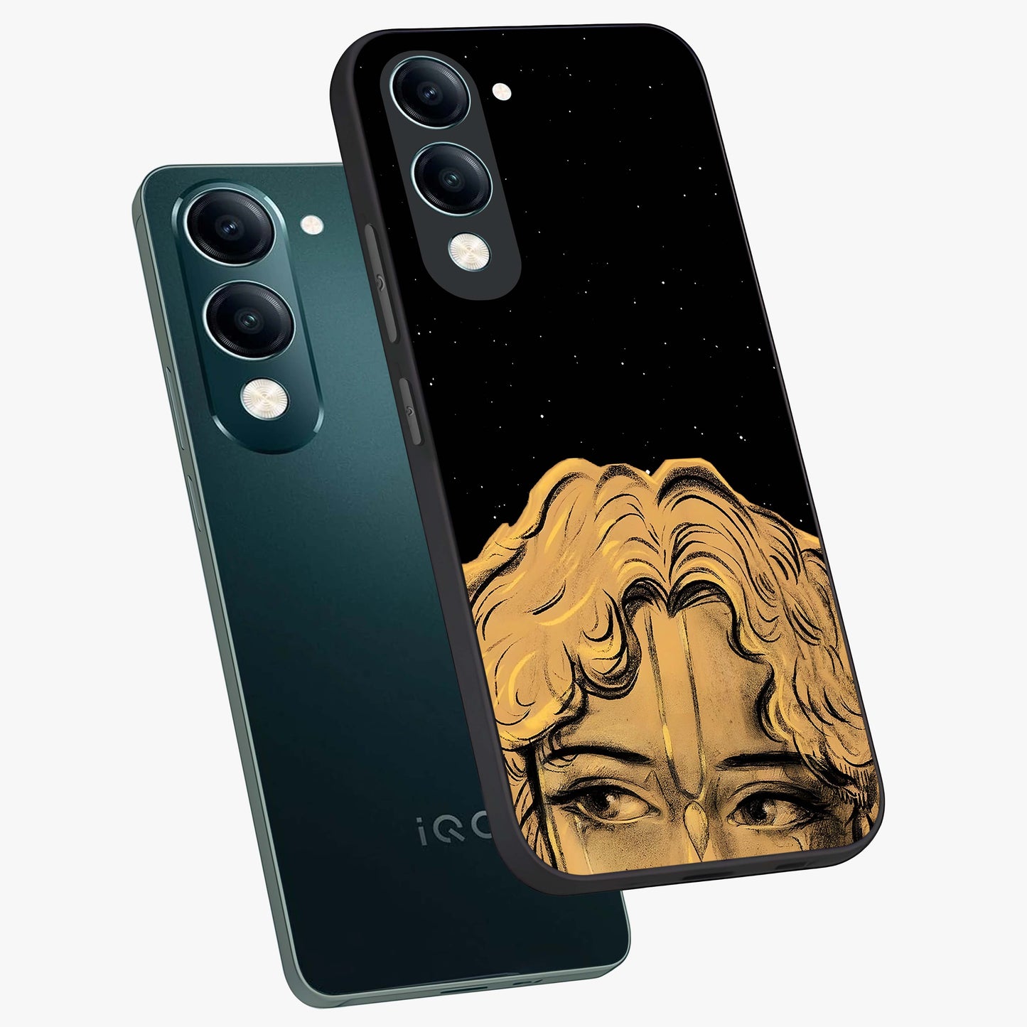 Shri Krishna Art Glass Case displayed in angled mockup highlighting spiritual Krishna illustration with divine aesthetic.