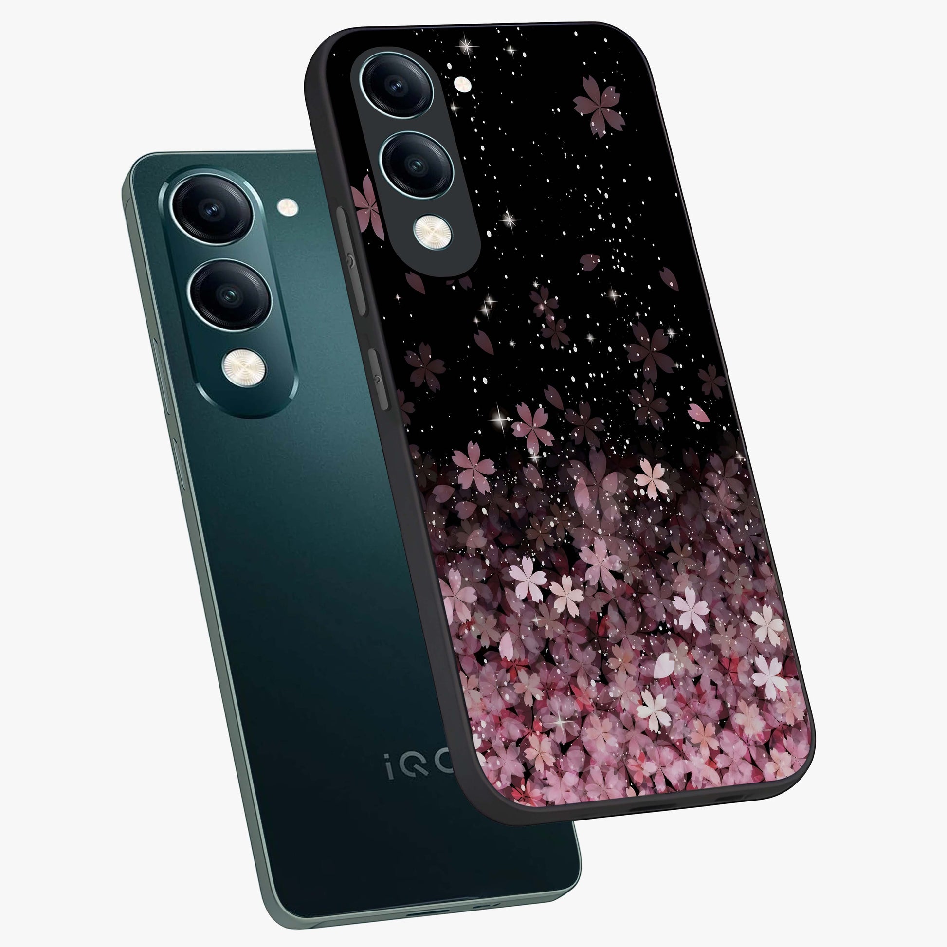 Small Starry Flowers Glass Case displayed in angled mockup highlighting tiny flower pattern with celestial aesthetic style.